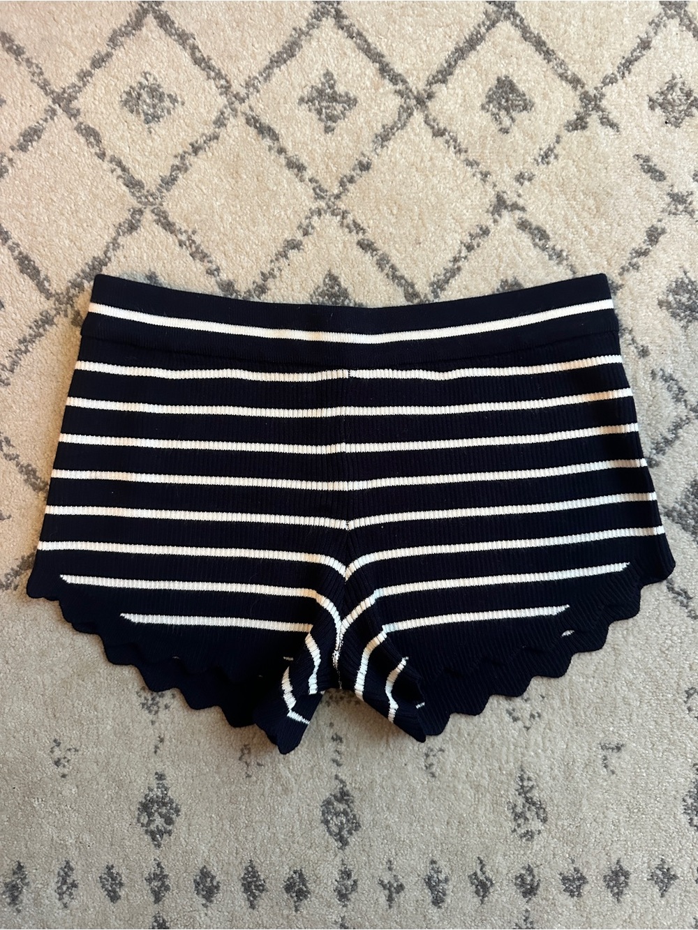 Lioness Navy and White Striped Scallop Hem Knit Shorts